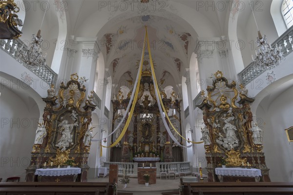 Interior with rococo high altar, 1761, in the pilgrimage church Maria Limbach, built 1751-1755, Limbach, Lower Franconia, Bavaria, Germany, Europe