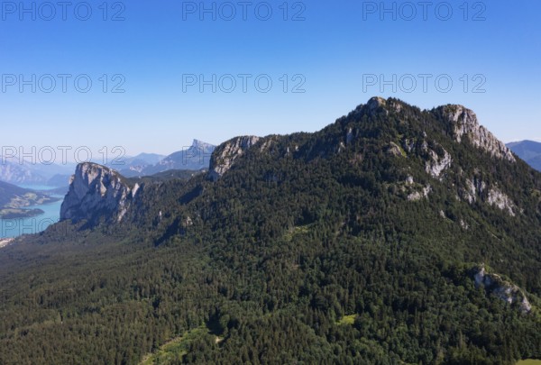 Drone shot, Schober and Drachenwand, Mondsee, Mondseeland, Salzkammergut, Land Salzburg, Austria, Europe