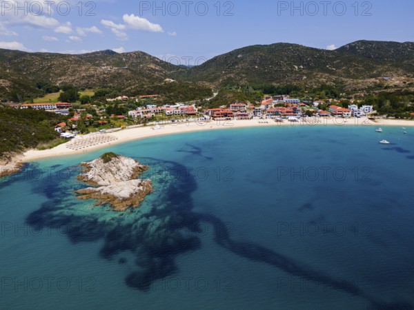 Aerial view, rocks and beach, Kalamitsi, Sithonia, Chalkidiki, Central Macedonia, Greece, Europe