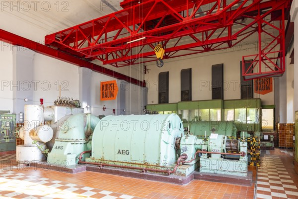 The Knappenrode energy factory is one of the four sites of the Saxon Industrial Museum on the site of the disused Knappenrode briquette factory, which is now a listed building. Turbine hall, Knappenrode, Saxony, Germany, Europe