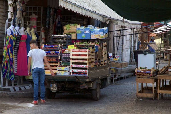 Cargo tricycle, stacked vegetable boxes, man, markets, open air, Palermo, capital, Sicily, Italy, Europe