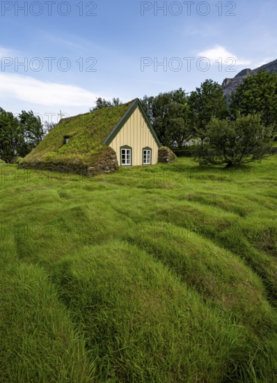 Hofskirkja church with grass roof and grass-covered graves, Öræfi region, South Iceland, Iceland, Europe