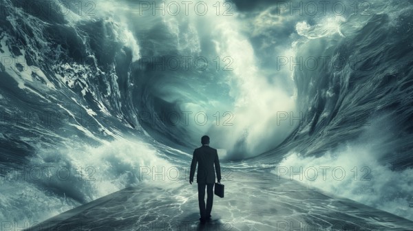 Disheartened businessman standing on the shore in the midst of approaching turbulent crashing waves. feeling of overwhelming demands and impending doom, generative AI, AI generated