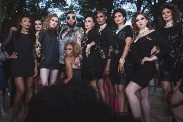 Harald Glööckler together with models at the first Fashion Night for his new fashion collection Teuber by HARALD GLÖÖCKLER at Loretta am Wannsee in Berlin on 28 June 2024
