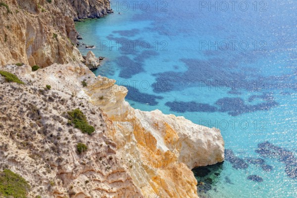 Multicoloured rock formations, Firopotamos, Milos Island, Cyclades Islands, Greece, Europe