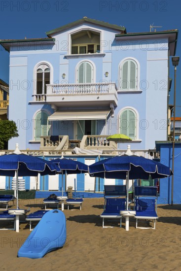 House on the beach, property, blue, coloured, facade, balcony, estate, empty, nobody, tourism, lull, crisis, Italy, Europe