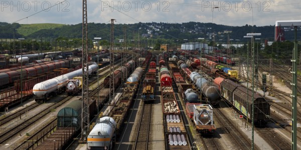Train formation yard in the Vorhalle district, marshalling yard, goods trains, Hagen, Ruhr area, North Rhine-Westphalia, Germany, Europe
