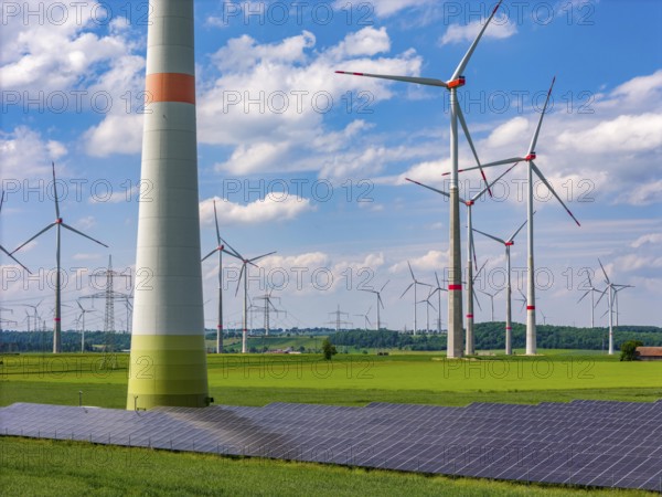 Wind farm near Marsberg, photovoltaic system, utilisation of land for renewable energies, Hochsauerlandkreis, North Rhine-Westphalia, Germany, Europe