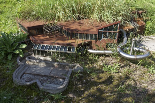 Already demolished leisure pool in miniature format, art installation Neustadt by Marta Dyachenko and Julius von Bismarck on the Emscherkunstweg, Landschaftspark Duisburg-Nord, Duisburg, North Rhine-Westphalia, Germany, Europe