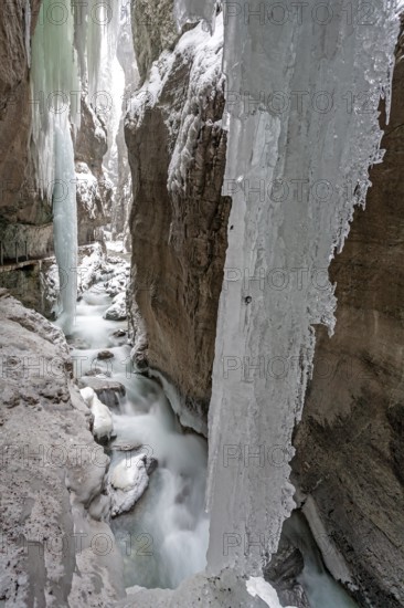 Icicle in a gorge, gorge, winter, ice, snow, river, Partnachklamm, Garmisch-Partenkirchen, Upper Bavaria, Bavaria, Germany, Europe