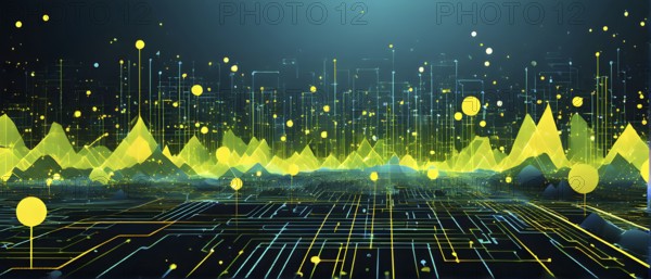 Abstract wallpaper illustration, symbol for artificial intelligence, lines, dots and pattern, vibrant yellow green and blue hues, AI generated