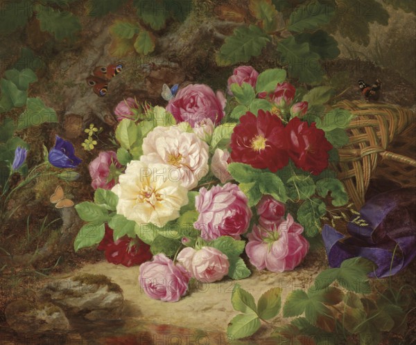 Lush bouquet of flowers on the forest floor, painting by Josef Lauer (1818, 1881), Austrian still life painter who was active in the Biedermeier period, among others