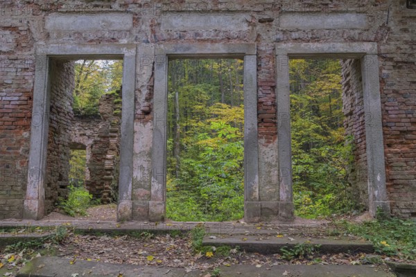 Ruins of the blue house. Scenic park Terezino udolí (Tercino údolí or Tereziino) located in the valley of the river Strobnitz near the town of Nove Hrady in southern Czech Republic. Built in 1756