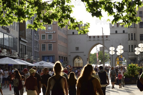 Europe, Germany, Bavaria, state capital Munich, City, Neuhauser Straße, view to Karlstor, many passers-by, popular shopping mile, Europe