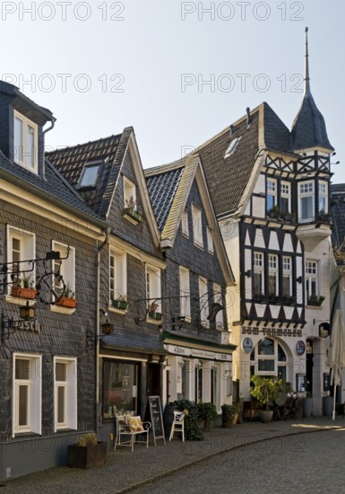 Church square with typical Bergisch houses, Historic Upper Town, Mettmann, Bergisches Land, North Rhine-Westphalia, Germany, Europe