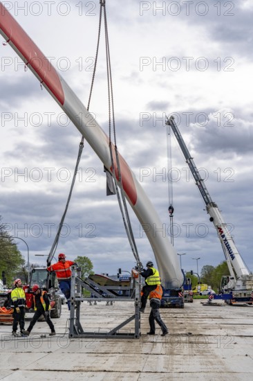 Preparation for the transport of a 68 metre long blade, a wind turbine, with a self-propelled Blade-Lifter vehicle, over a 40 km long route in the Bergisches Land, through towns, villages, over country roads, narrow through roads, to the construction site of the wind turbine near Hagen, North Rhine-Westphalia, Germany, Europe
