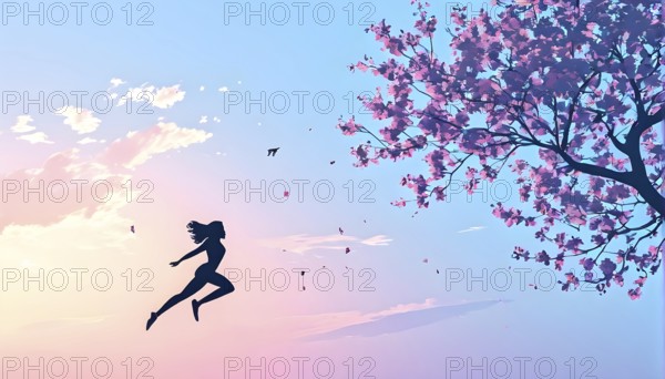 Abstract minimalist spring scene with a single, sharp silhouette of a rhythm gymnastic and of a blooming tree on a vast light grey canvas, AI generated