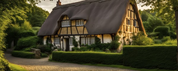 Traditional half timbered house nestled within the heart of a picturesque village in golden hour light, AI generated