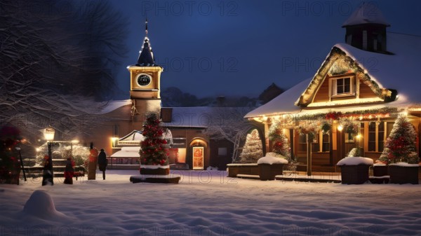 Charming village square decorated for the holidays, with snow-covered rooftops and strings of Christmas lights, AI generated