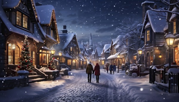 Snow-covered village street at dusk with glowing Christmas lights, AI generated