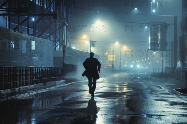 A businessman on the run, at night in an industrial area on a wet road, mysterious and tense atmosphere, AI generated, AI generated, AI generated