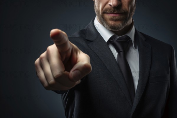 Man in suit pointing finger at camera in front of dark background. KI generiert, generiert AI generated