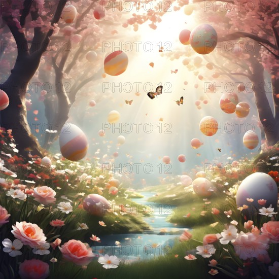 Surreal Easter scene with floating eggs, ribbons, and flowers in a dreamlike, whimsical composition of light and shadow, AI generated