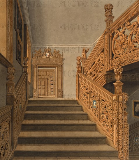 Staircase at Blithfield, country house in Staffordshire, England, digitally restored reproduction of a 19th-century original by John Buckler, Record date not stated, Staircase at Blithfield, country house in Staffordshire, digitally restored reproduction of a 19th-century original, Record date not stated