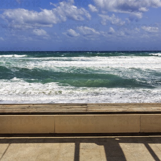 Empty bench with view of the surf, Las Negras, Cabo-de-Gata-Nijar, Cabo de Gata, Almeria, Andalusia, Spain, Europe