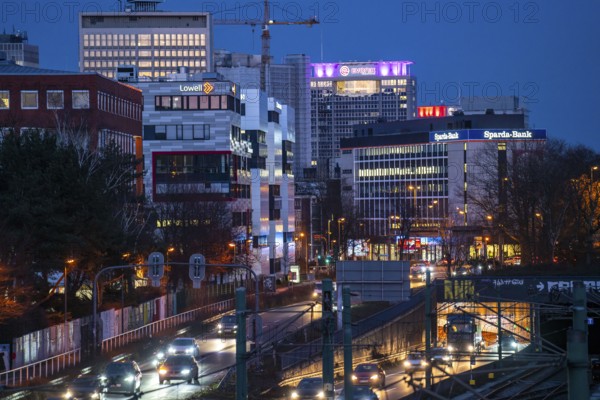 The skyline of Essen city centre, A40 motorway, Ruhrschnellweg tunnel, Essen, North Rhine-Westphalia, Germany, Europe