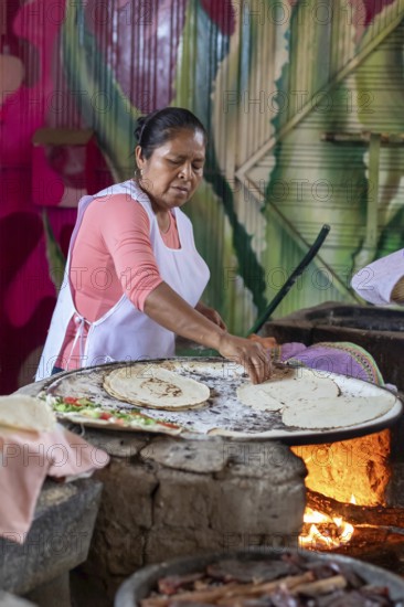Santa María del Tule, Oaxaca, Mexico, A worker at the Restaurant Familiar Reynita cooks on a comal over a wood fire, Central America