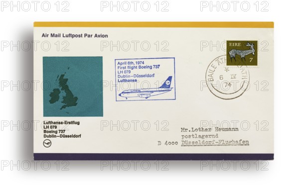 First flight letter, first flight cover, Lufthansa first flight LH079 with Boeing 737 from Dublin, Ireland, to Düsseldorf, Germany, on 6 April 1974, Europe