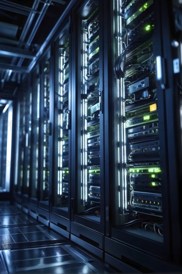 Modern server room filled with racks of computers and intricate installations, AI generated