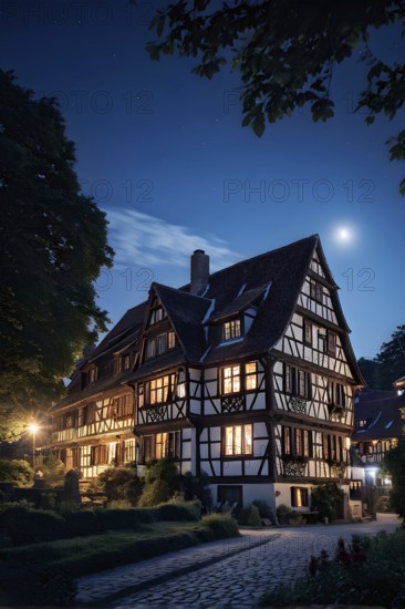 Traditional half timbered house nestled within the heart of a picturesque village at night, AI generated