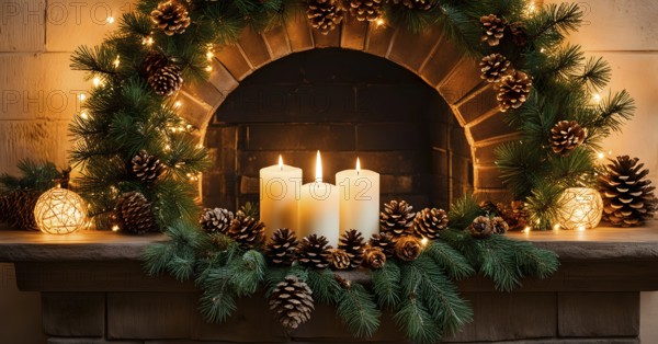 A cozy fireplace mantle decorated with pine cones, garlands, and lit candles, with a close-up focus on a burning candle flame, AI generated