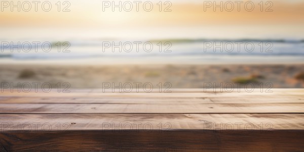 Empty wooden table with blurry beach in background. KI generiert, generiert, AI generated