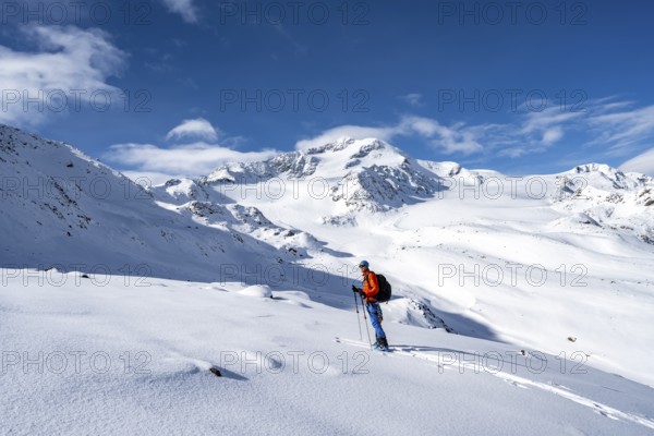Ski tourers in a snow-covered mountain landscape, mountain peak Monte Cevedale and glacier Zufallferner, ascent to the summit Köllkuppe or Cima Marmota, Ortler Alps, Vinschgau Valley, Italy, Europe