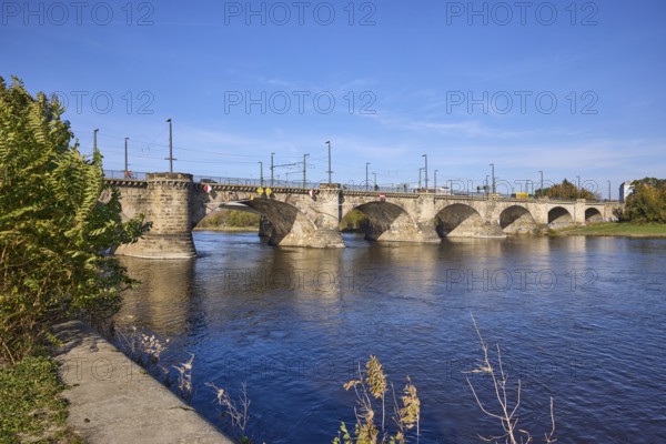 Marienbrücke, Elbe, river, abstract reflections on the water surface, blue sky with cirrostratus clouds, Dresden, state capital, independent city, Saxony, Germany, Europe
