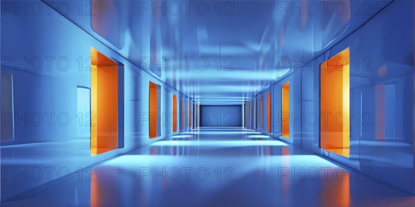 Windows aligned within an elongated tunnel permeated with gradients of blue and orange hues, AI generated