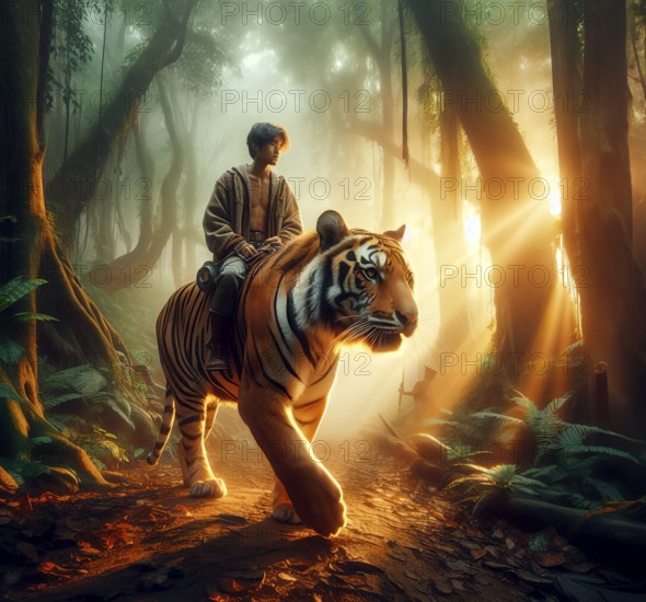 A boy rides a tiger through the jungle, symbolic image mythology, Jungle Book, AI generated, AI generated