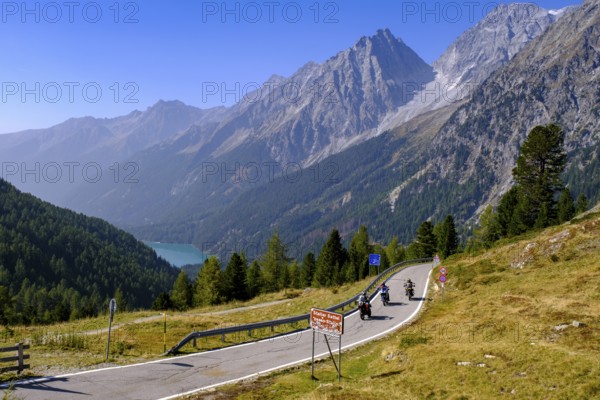 Pass road with a view of Lake Antholz, Staller Sattel, between the Antholz Valley, South Tyrol Italy and the Defereggen Valley, East Tyrol, Austria, Europe