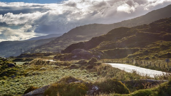 Killarney National Park, hilly landscape in the morning mist, panoramic road Ring of Kerry, Iveragh Peninsula, Ireland, Europe