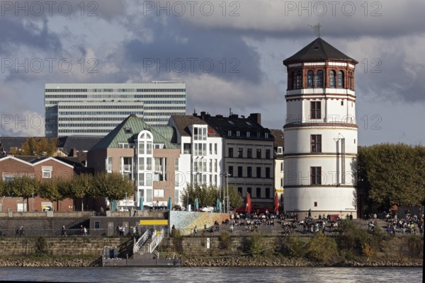 Castle tower and flight of steps on Burgplatz, banks of the Rhine, Düsseldorf Old Town, Düsseldorf, North Rhine-Westphalia, Germany, Europe