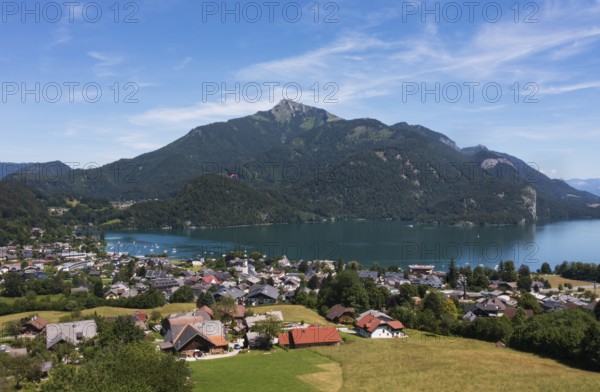 Drone image, Sankt Gilgen am Wolfgangsee with Schafberg, Osterhorn group, Salzkammergut, Salzburg province, Austria, Europe