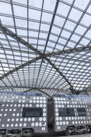 Local train and glass roof at Cologne Central Station, Cologne, Rhineland, North Rhine-Westphalia, Germany, Europe