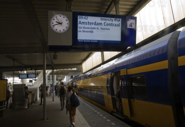 Platform electronic display for Intercity train departure to Amsterdam Centraal, Leiden Central railway station, Netherlands