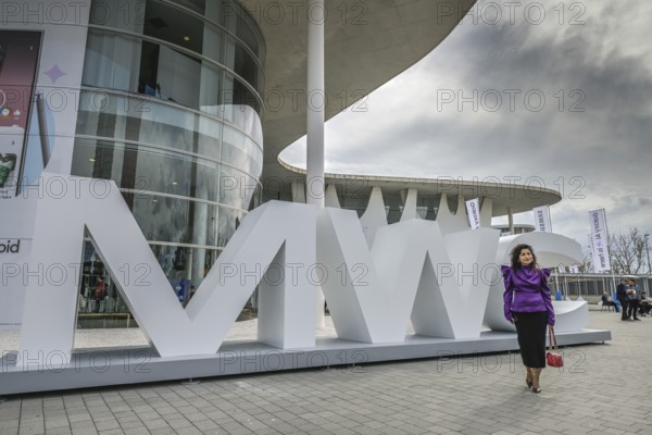 Visitor outside the exhibition centre, MWC Mobile World Congress 2024, Barcelona, Spain, Europe