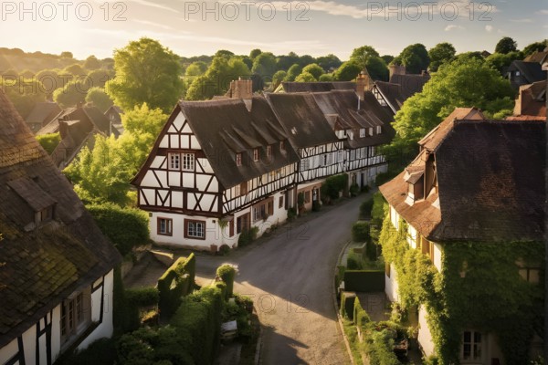 Traditional half timbered house nestled within the heart of a picturesque village in golden hour light, AI generated
