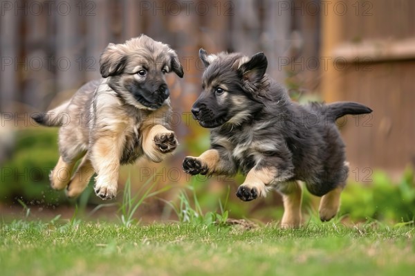 Two young Anatolian shepherd pups playing and jumping in the grass, AI generated