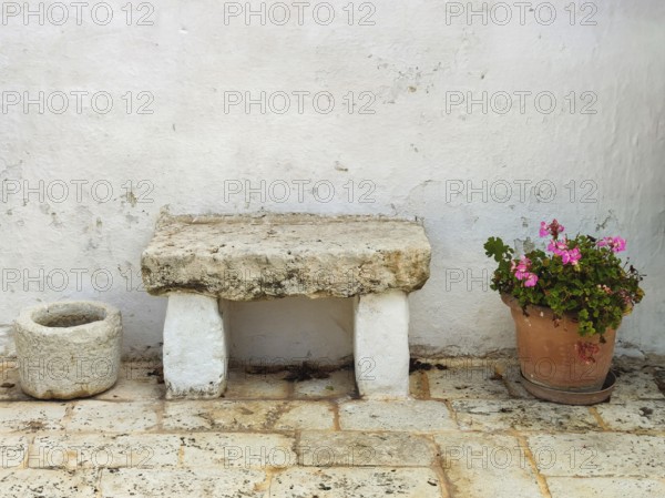Stone bench and flower pot with geraniums on a rustic stone floor in front of a white wall, Apulia, Italy, Europe